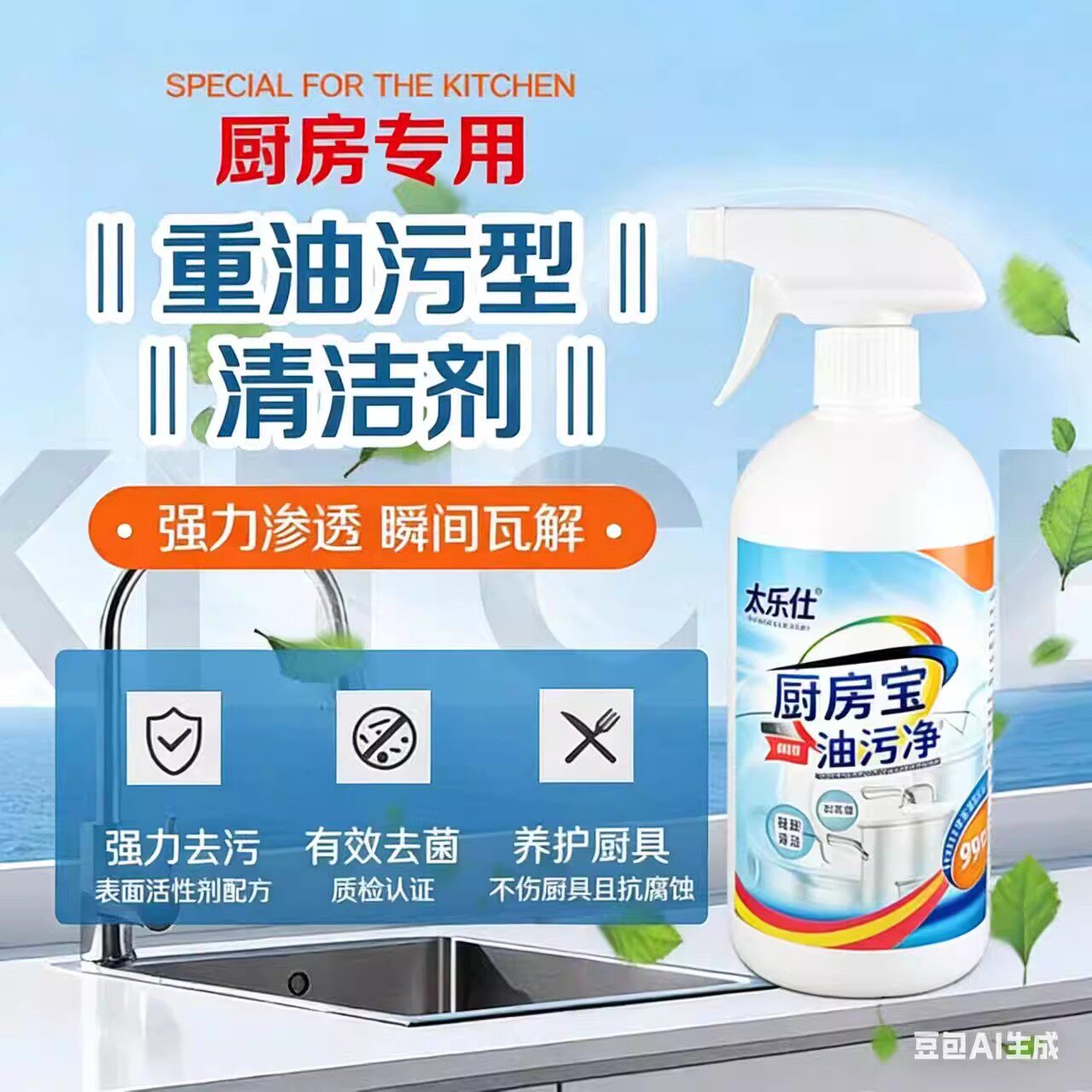 太乐仕厨房重油污无色无味清洁剂强力去污喷雾型油烟机灶台清洗剂