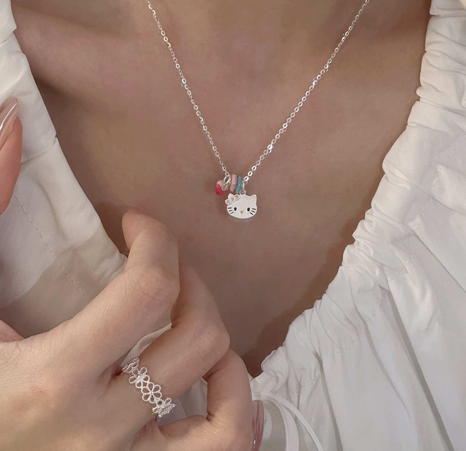 韩国同款S925纯银Hellokitty猫吊坠项链女款凯蒂猫女孩儿童亲子链