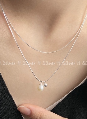 s925纯银双层叠带淡水珍珠锁骨链