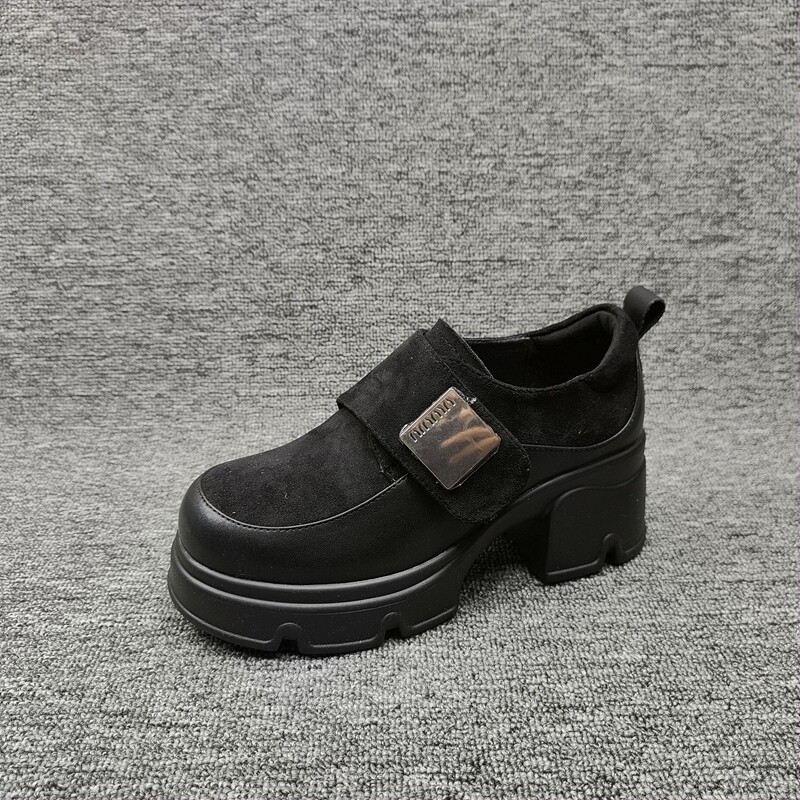 魔术贴英伦风厚底6cm乐福鞋女鞋圆头套脚粗跟高跟黑色真皮女单鞋