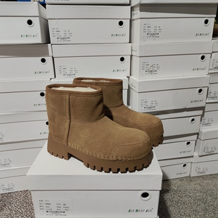 小众女靴厚底雪地靴女鞋冬季加绒保暖翻毛皮短靴防滑头层牛皮棉靴