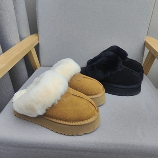 冬新款厚底增高小个子真皮磨砂牛皮毛毛雪地棉鞋外穿加厚羊毛半拖