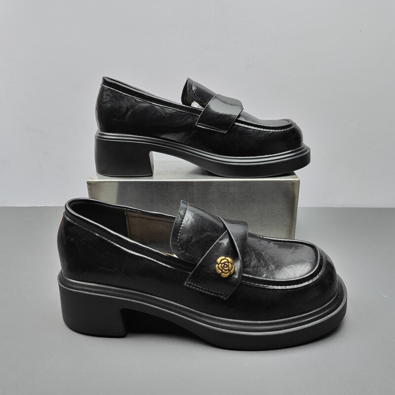 英伦风厚底乐福鞋女鞋黑色圆头金属扣一脚蹬老钱风单鞋38码