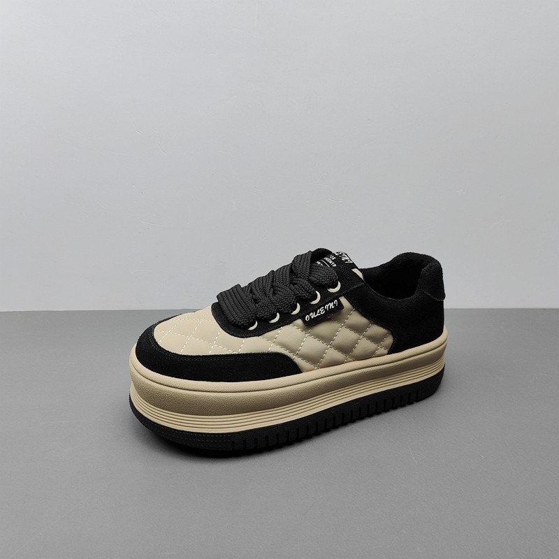 休闲风厚底板鞋女黑白拼色系带面包鞋百搭透气运动鞋加绒38码