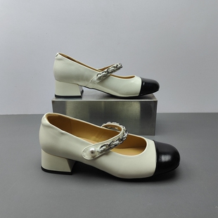 女2026春季 链条拼色玛丽珍鞋 式 浅口单鞋 粗跟39码 新款 小众款