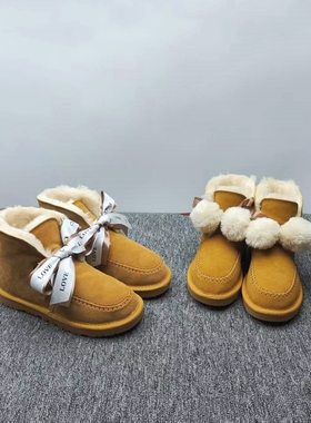 冬季尾货处理新款真皮女棉靴雪地靴防滑头层牛皮棉鞋栗色短靴36码