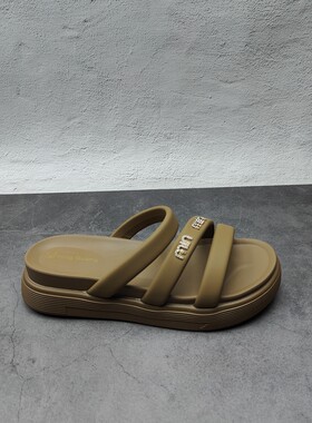 夏季女士平跟一字拖鞋橡胶防滑外穿女凉拖鞋浅棕色40码