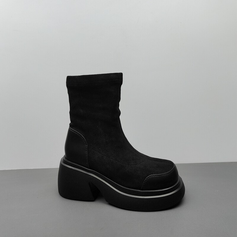 欧美风黑色弹力靴女冬季圆头中跟厚底防水台短靴袜子靴35.37,女鞋,弹力靴/袜靴,淘宝优惠券,粉丝福利购,淘宝优惠卷