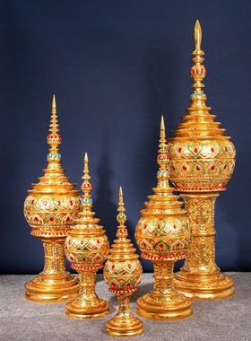 泰国东南亚佛塔装饰品宝盒泰式轻奢金箔木质收纳装饰玄关桌面摆件