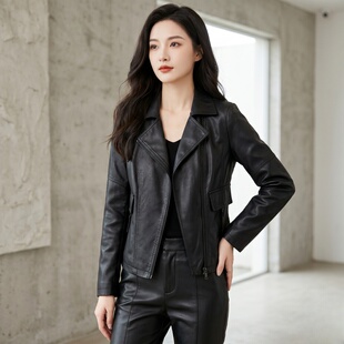 黑色短款皮衣女宽松通勤风气质显瘦翻领拉链挖袋外套春秋季新款潮