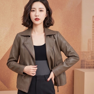 咖色美拉德翻领宽松皮衣外套女款2026春秋新款pu皮夹克短款机车服