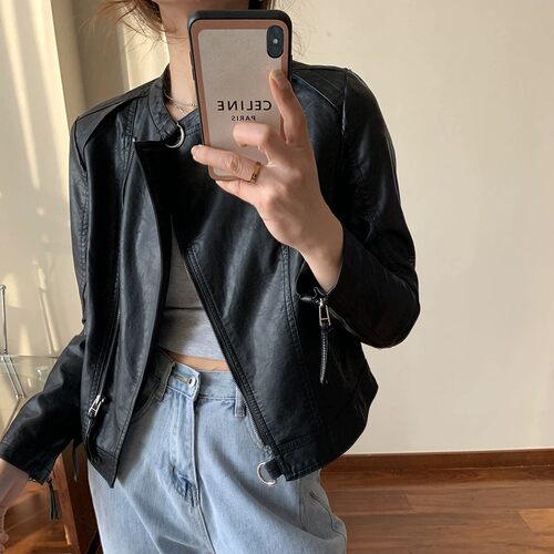 春秋立领短款修身PU皮衣女