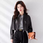 百搭设计小立领机车宽松皮夹克外套 时尚 春秋新款 海宁皮衣女超短款
