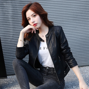 百搭水洗PU皮夹克时尚 修身 女士机车拼接外套 立领春秋季 皮衣女短款