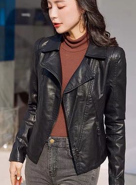 黑色小皮衣女外套春秋新款韩版修身显瘦短款翻领百搭PU皮机车夹克