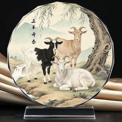 三羊开泰三阳开泰羊年装饰画水晶摆台客厅书房桌面工艺品摆件定制