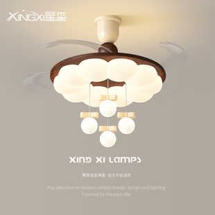 法式 胡桃木色卧室吊扇灯广东中山灯具 中古风隐形风扇灯2025新款