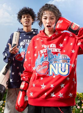 Nuthink美式潮牌五角星刺绣新年红色卫衣连帽加绒男女2026年春季