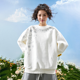 新款 美式 潮牌字母涂鸦圆领卫衣卡通贴纸潮流男女宽松情侣2025冬季