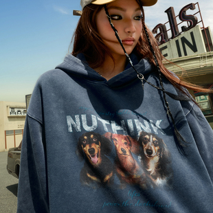 Nuthink美式 复古腊肠狗小狗印花连帽卫衣嘻哈宽松男女2025冬新款