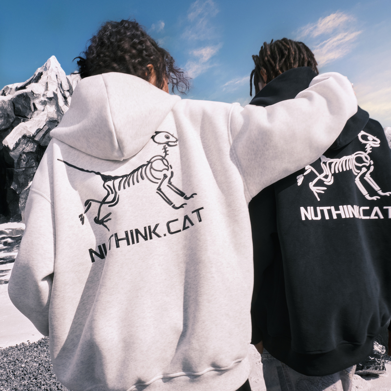 Nuthink嘻哈街头骷髅小猫卫衣男