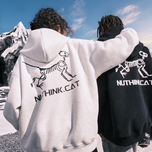 新款 卫衣摇滚嘻哈男女2025冬季 复古小猫骷髅连帽开衫 Nuthink美式