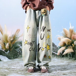 子男2026年春 垂感宽松做旧裤 Nuthink美式 风腊肠狗水洗阔腿牛仔裤