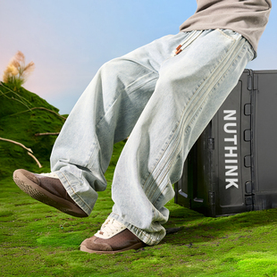 子男款 水洗做旧拼接加绒裤 冬2026年春 复古阔腿牛仔裤 Nuthink美式