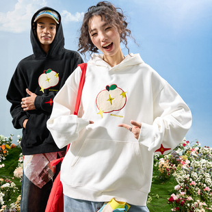 新款 Nuthink美式 复古苹果字母刺绣连帽卫衣chic情侣男女2025冬季