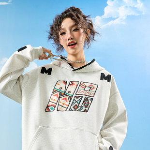 Nuthink美式 复古刺绣拼色连帽卫衣加绒加厚连帽卫衣男2025冬新款