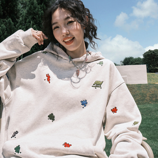 Nuthink美式 复古彩色拼图刺绣卡通连帽卫衣潮牌男女2025秋冬新款