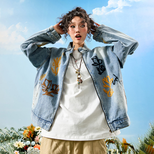 新款 Nuthink国潮刺绣花卉牛仔外套夹克潮牌美式 复古男女2025冬季