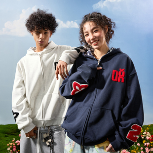 Nuthink美式 复古拉链连帽卫衣连帽字母刺绣拼接加绒男女2025新款