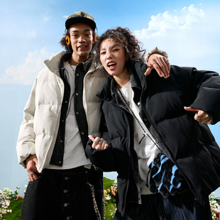 Nuthink美式 复古假两件羽绒服牛仔拼接加厚立领外套男2025冬新款