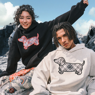 Nuthink美式 情侣刺绣小狗腊肠狗连帽卫衣外套撞色男女2025冬新款
