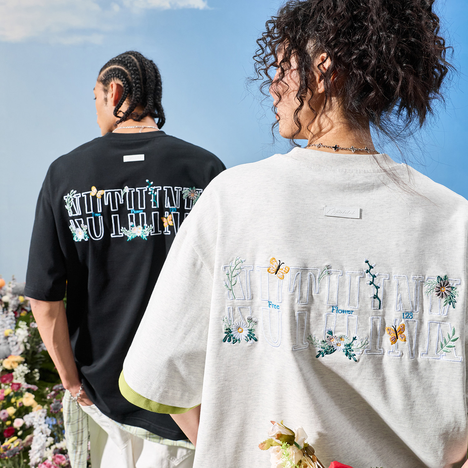 Nuthink美式潮牌植物花卉重工刺绣短袖T恤情侣男女宽松2026新款夏