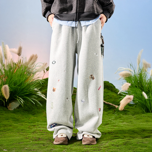 Nuthink美式潮牌卡通贴纸垂感阔腿卫裤加绒加厚裤子男款2026年春