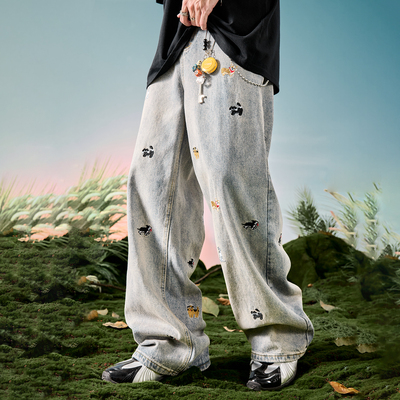 Nuthink刺绣腊肠狗刺绣牛仔裤