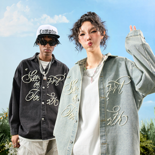 嘻哈潮牌衬衣男女2025秋冬新款 Nuthink美式 复古珍珠字母牛仔衬衫