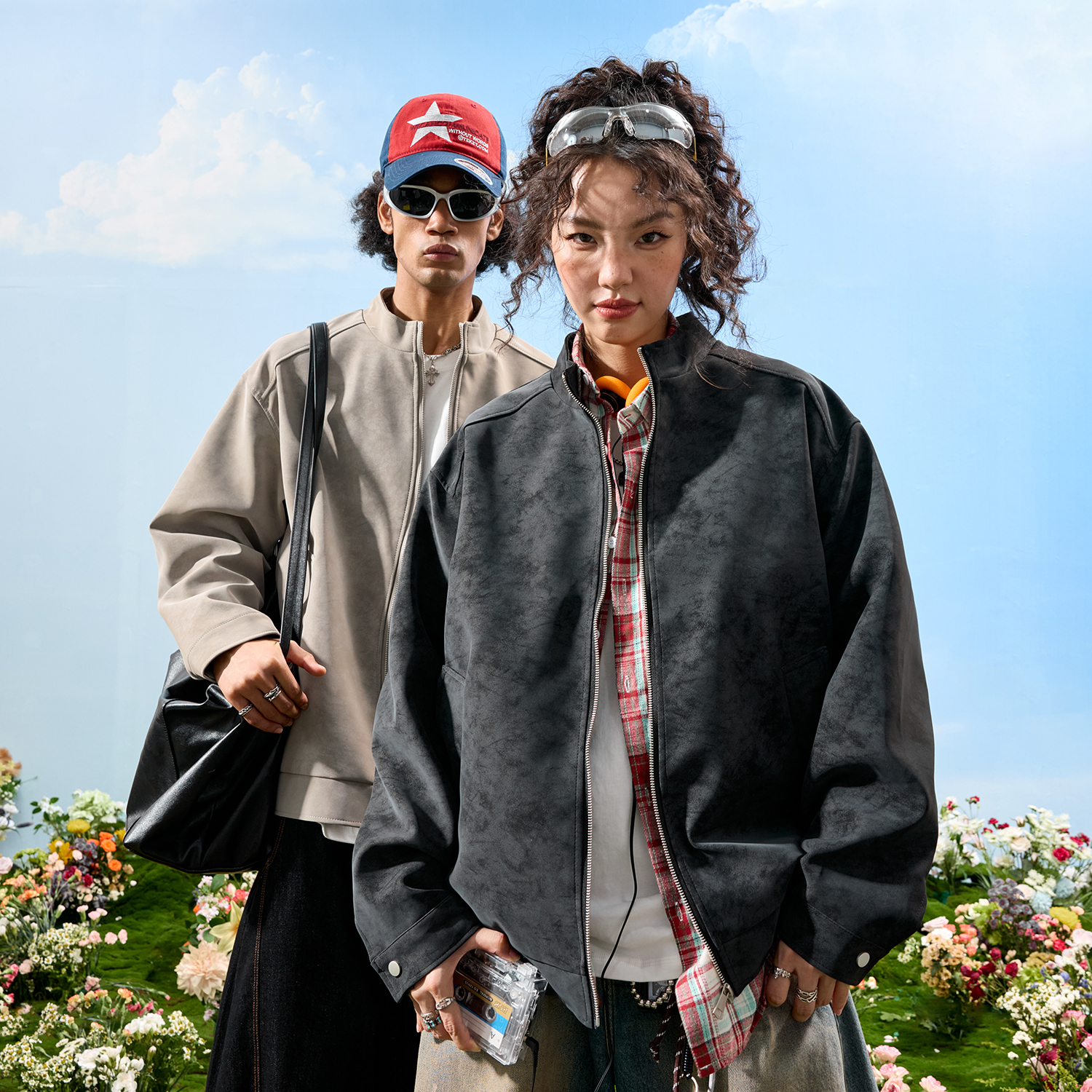 Nuthink美式复古扎染皮衣夹克男