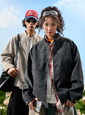 Nuthink美式复古扎染做旧皮衣PU立领行政夹克外套男女2025冬新款