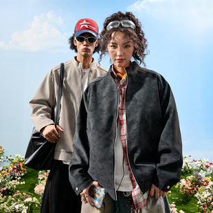 Nuthink美式 复古扎染做旧皮衣PU立领行政夹克外套男女2025冬新款