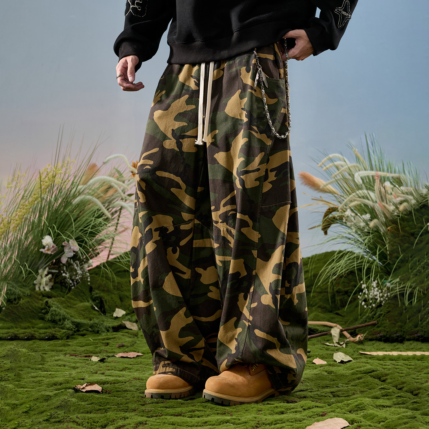 Nuthink美式复古迷彩阔腿弯刀长裤垂感宽松工装休闲男冬新款2026,男装,休闲裤,淘宝优惠券,粉丝福利购,淘宝优惠卷