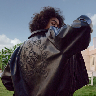 Nuthink美式 复古哥特风字母刺绣PU皮衣夹克外套街头男女2025新款