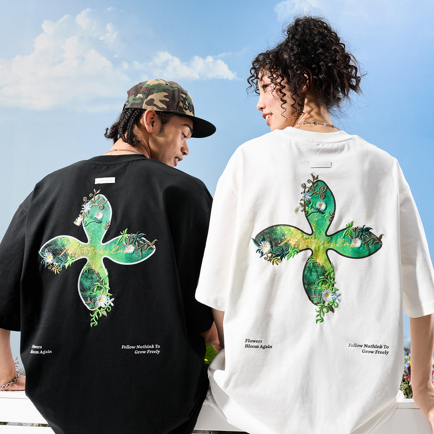 Nuthink美式潮牌四叶草植物花卉刺绣短袖T恤男女情侣2026新款夏季