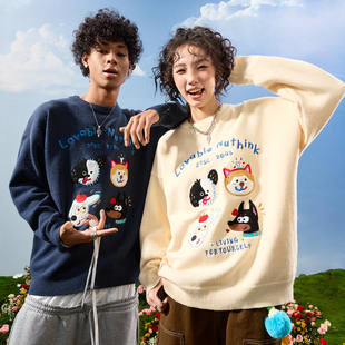 圆领男女2025冬新款 Nuthink美式 复古潮牌卡通小狗刺绣毛衣针织衫