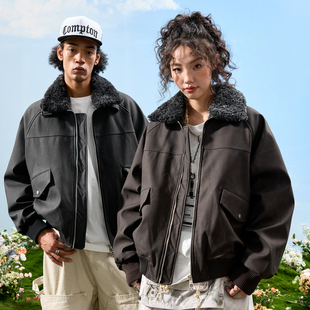 Nuthink美式 复古羽绒皮衣夹克毛领巴恩风飞行员外套男2025冬新款