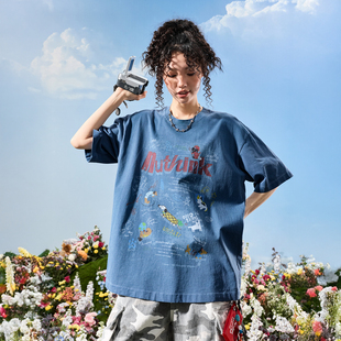 Nuthink美式复古潮牌水洗做旧小狗字母涂鸦短袖T恤男女2026新款夏
