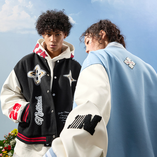 Nuthink美式 复古潮牌棒球服珍珠刺绣夹克外套重磅男女2025冬新款