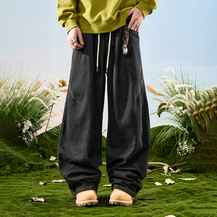 新款 Nuthink美式 男2025冬季 复古垂感直筒长裤 潮牌褶皱弯刀牛仔裤